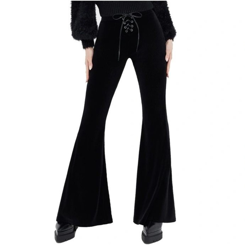 Killstar She Wolf Black Ribbed Velvet Lace Up Flare Pants XS Gothic Bell Bottoms